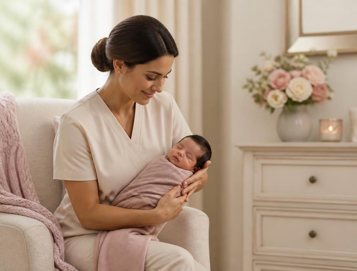 A newborn care specialist gently holding a swaddled infant