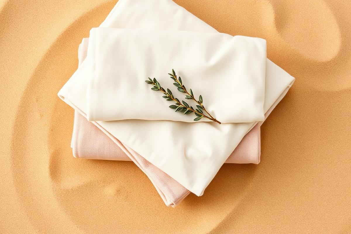 Folded cream and blush linens with a sprig of sage
